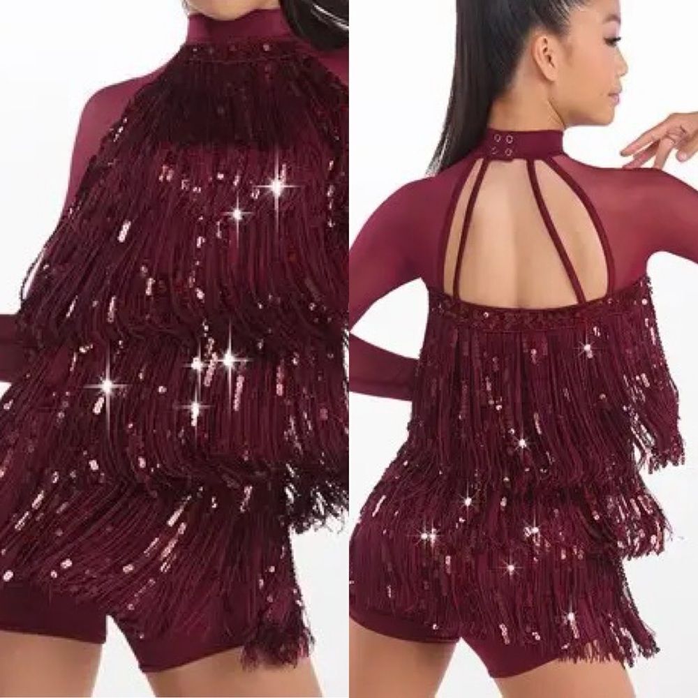 Weissman dance costume burgundy red fringe long sleeve Bad Boy Good Man 13016 LA